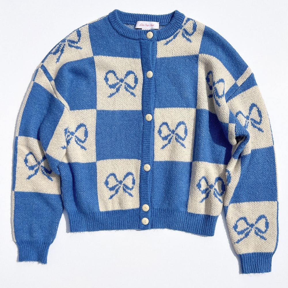 Lisa Says Gah Blue and Cream Checkered Cardigan